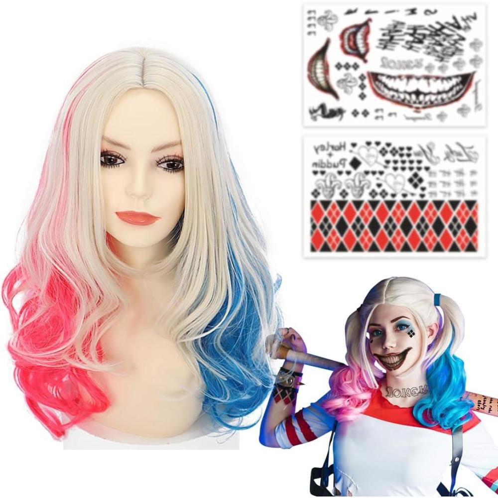image:imagePerruque Halloween Fille Femme Perruque Quinn avec Tatouage Perruque Rose Bleu Dguisement Quinn Accessoire pour Fille Femme Halloween Carnaval Cosplay